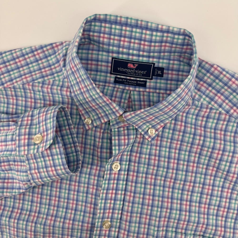 Vineyard Vines Button Down Mens XL Blue Pink Plaid Slim Fit Tucker Shirt